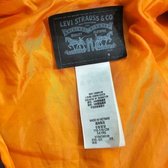 Levi's Bomber Jacket Quilted Synthetic Fill Kids Size 6 Black Orange Snap Button - Picture 6 of 8